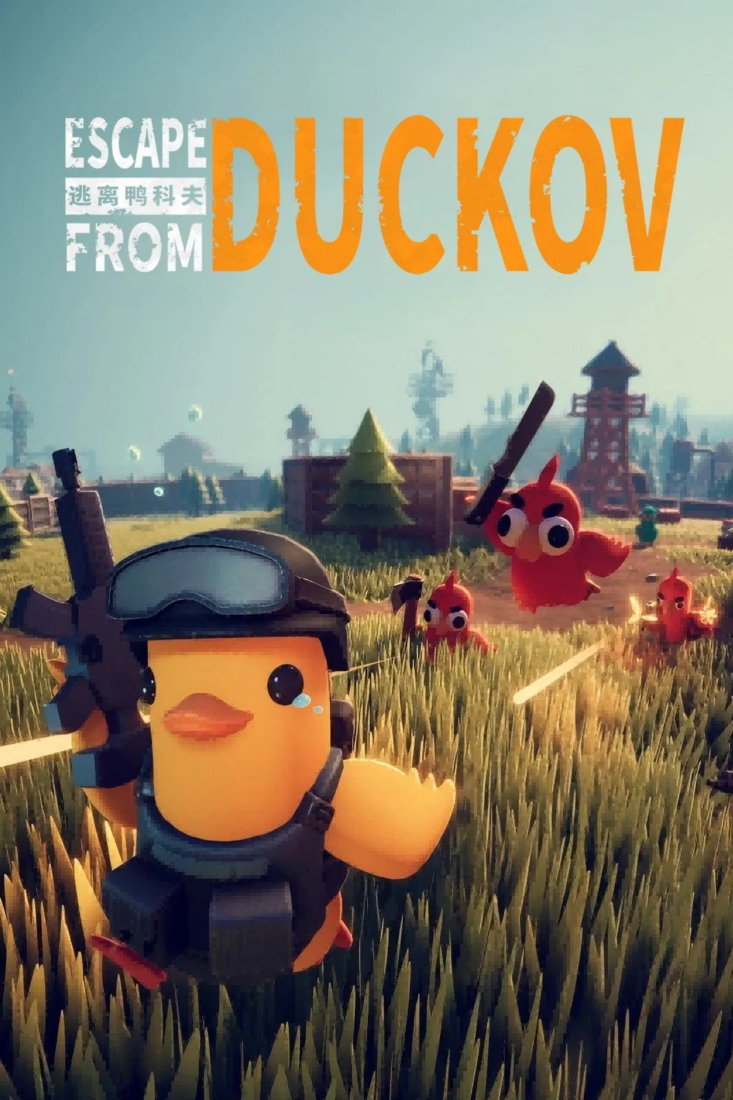 Hình nền tag Escape from Duckov kèm thông tin thể loại và ngày phát hành, minh họa phong cách low-poly của trò chơi