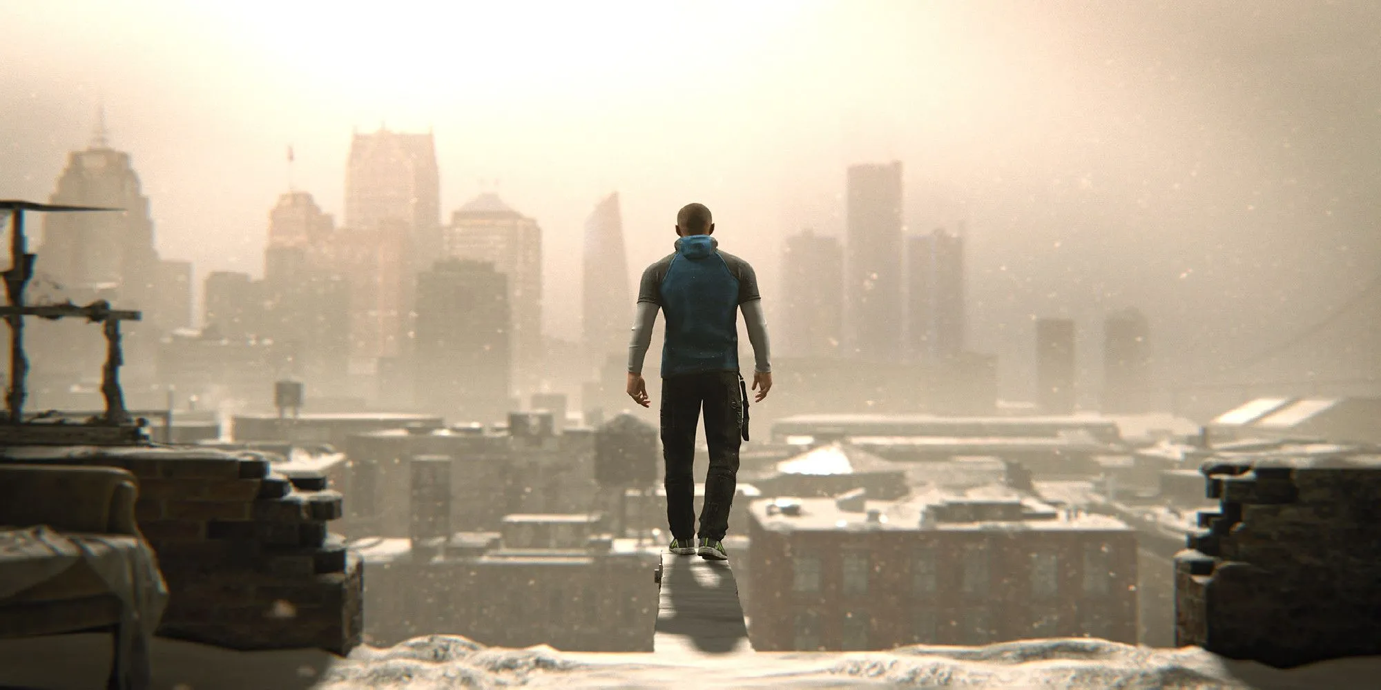 Markus trong Detroit: Become Human đứng trên mép tòa nhà, biểu tượng của xung đột giữa con người và android
