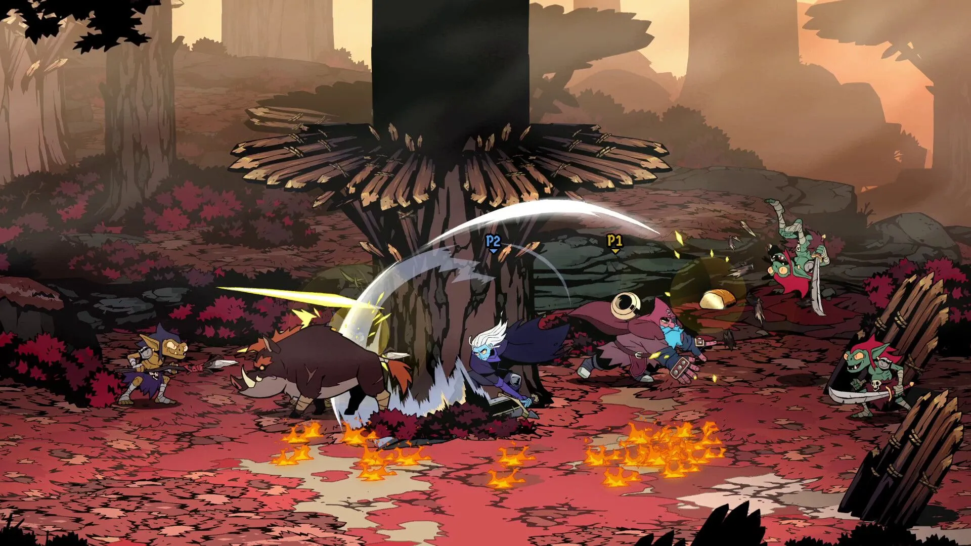 Screenshot Absolum trên Steam - giao diện trận đấu, biểu tượng Arcana và trinket dưới cùng màn hình