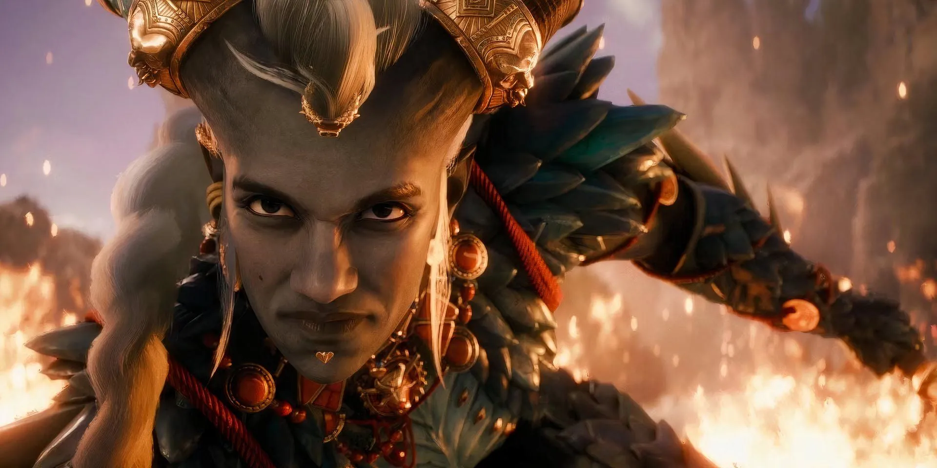 Taash trong Dragon Age: The Veilguard, biểu cảm giận dữ với ngọn lửa nền